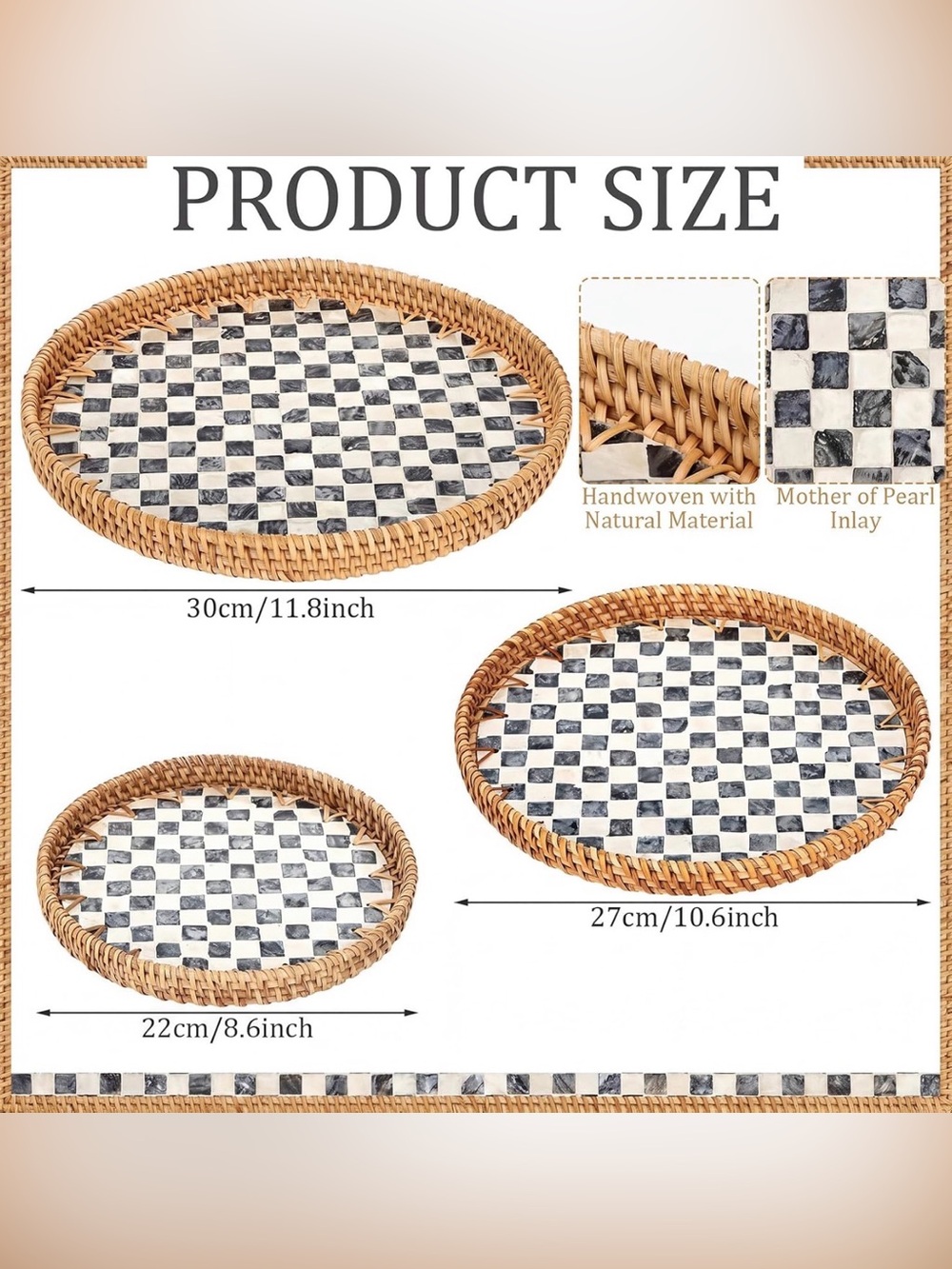 NEW Woven Rattan Tray Set with Black & White Check Inlay - Picture 2 of 3
